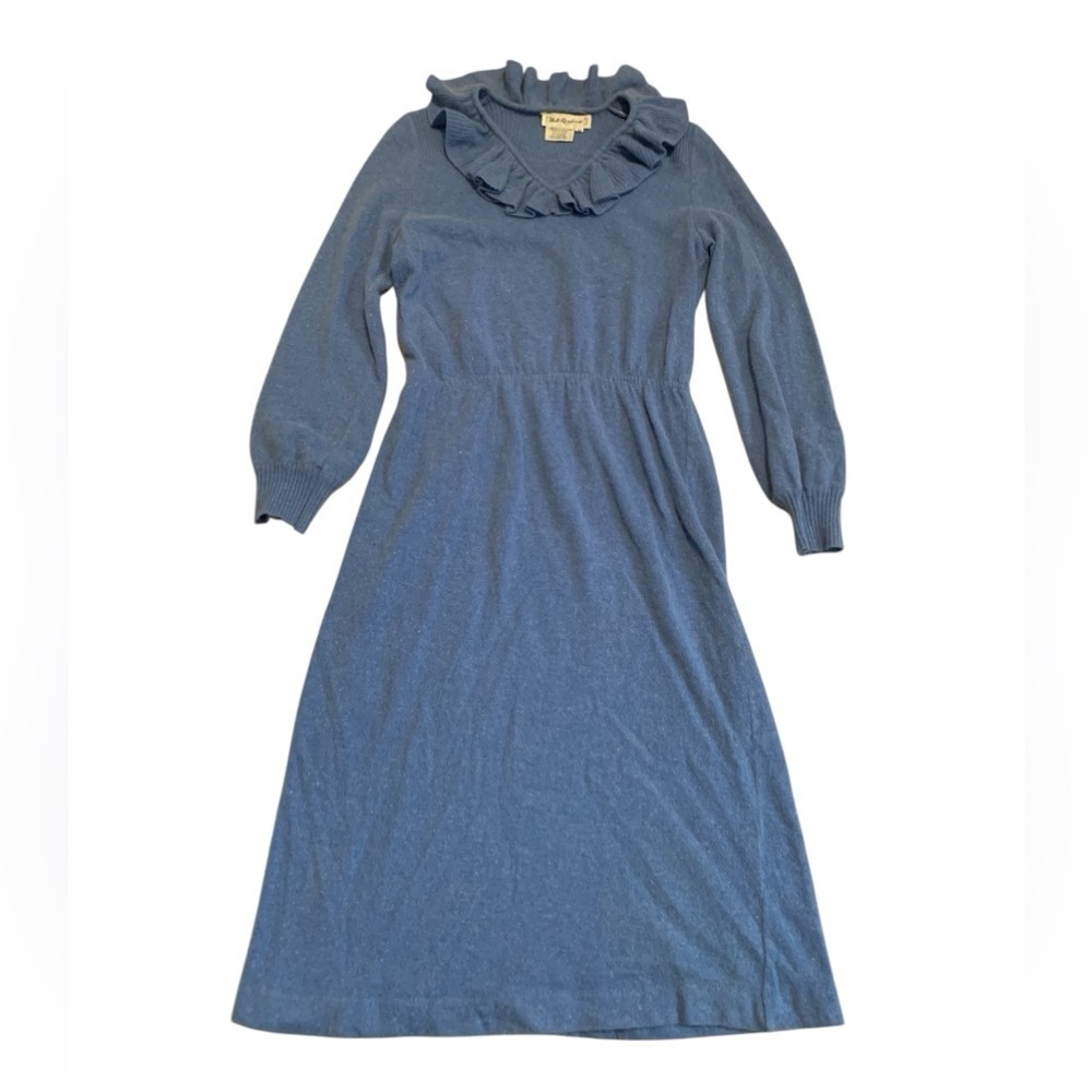 Vintage 70s Holt Renfrew Blue Knit Ruffle Collar Midi Dress Sz 12